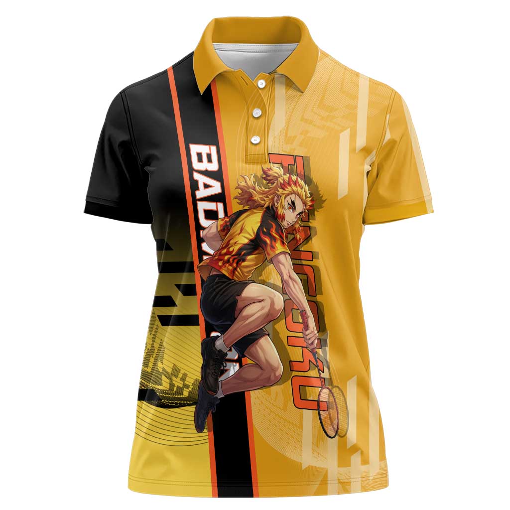 Personalized Rengoku Anime Badminton Theme Women Polo Shirt with Racket Action Pose and Fiery Yellow Black Graphic Design - The Mazicc