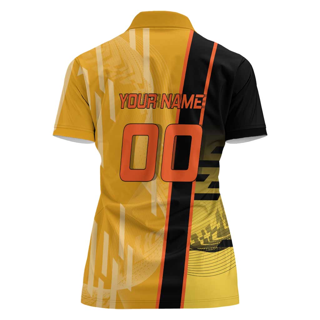Personalized Rengoku Anime Badminton Theme Women Polo Shirt with Racket Action Pose and Fiery Yellow Black Graphic Design - The Mazicc