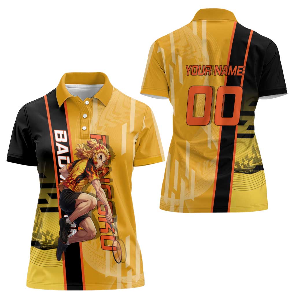 Personalized Rengoku Anime Badminton Theme Women Polo Shirt with Racket Action Pose and Fiery Yellow Black Graphic Design - The Mazicc