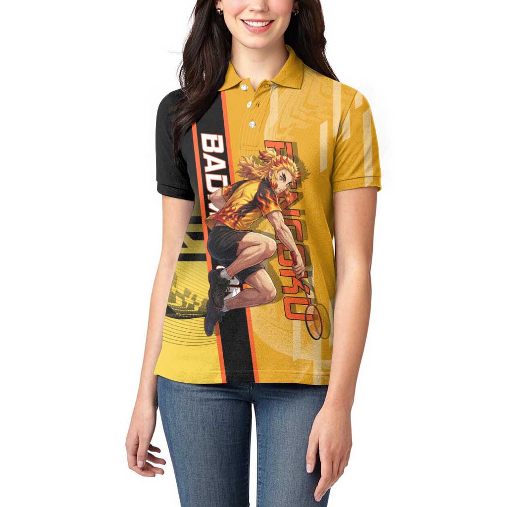 Personalized Rengoku Anime Badminton Theme Women Polo Shirt with Racket Action Pose and Fiery Yellow Black Graphic Design - The Mazicc