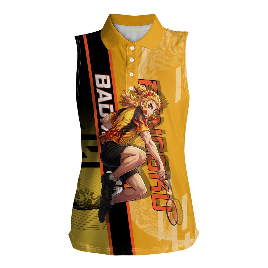 Personalized Rengoku Anime Badminton Theme Women Sleeveless Polo Shirt with Racket Action Pose and Fiery Yellow Black Graphic Design - The Mazicc