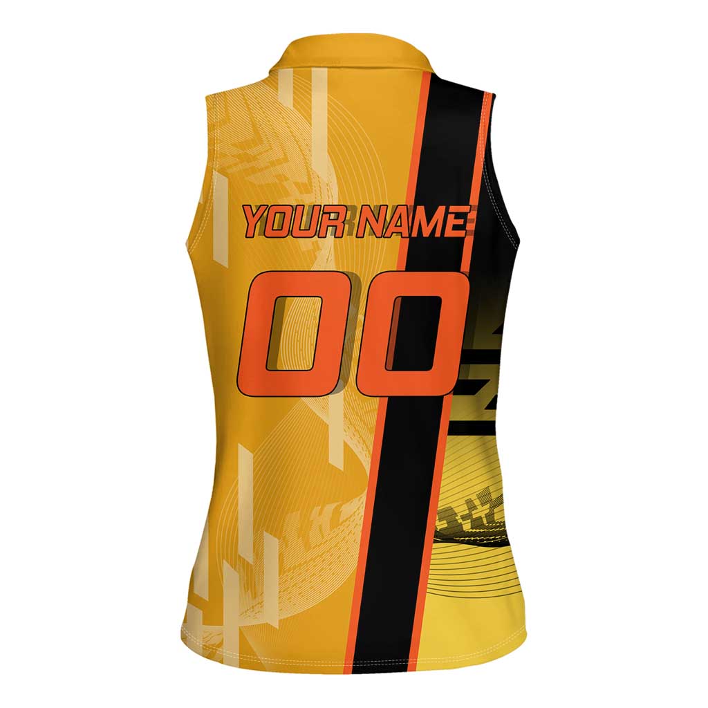 Personalized Rengoku Anime Badminton Theme Women Sleeveless Polo Shirt with Racket Action Pose and Fiery Yellow Black Graphic Design - The Mazicc