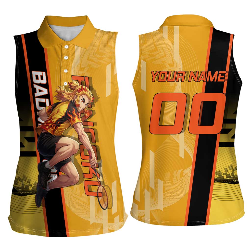 Personalized Rengoku Anime Badminton Theme Women Sleeveless Polo Shirt with Racket Action Pose and Fiery Yellow Black Graphic Design - The Mazicc