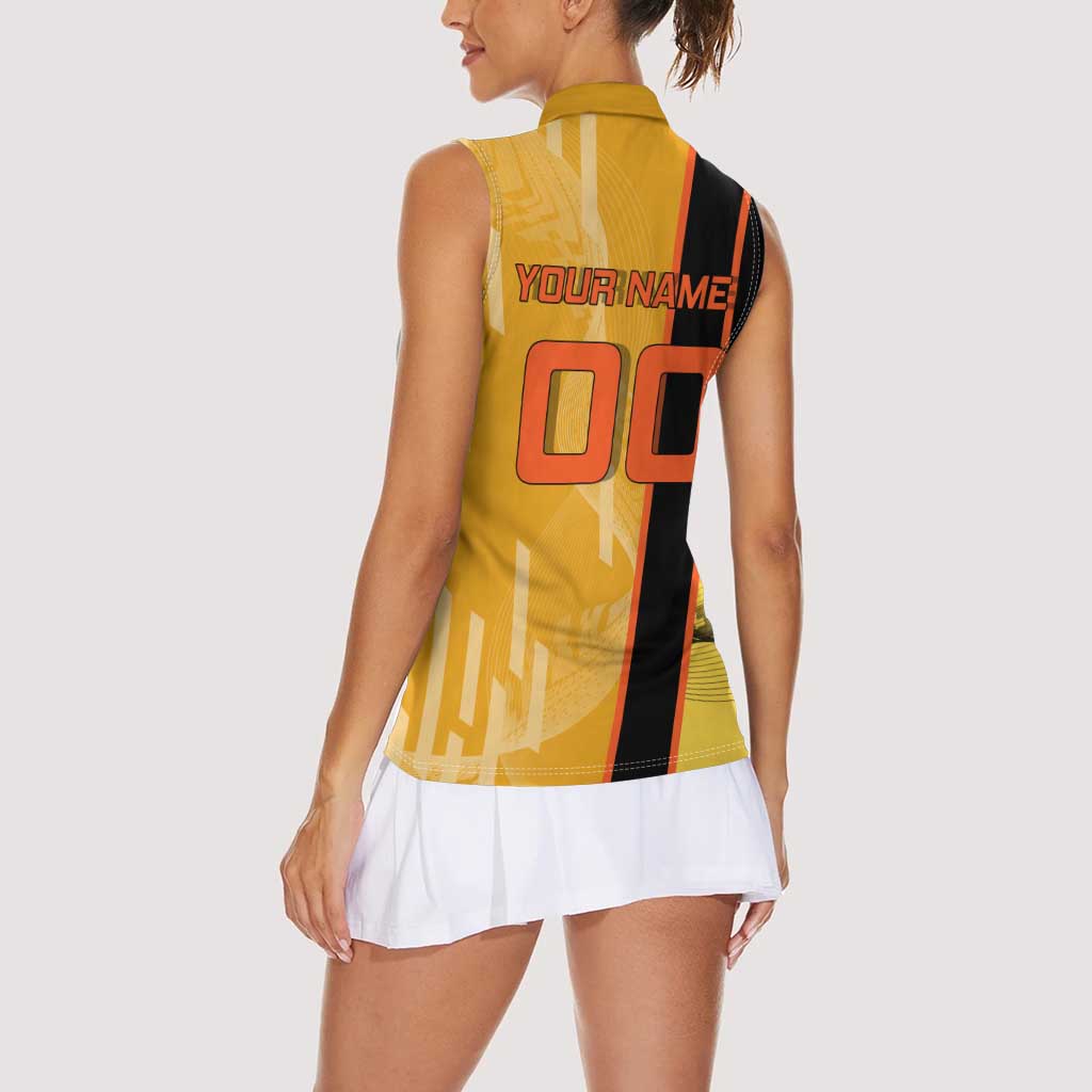 Personalized Rengoku Anime Badminton Theme Women Sleeveless Polo Shirt with Racket Action Pose and Fiery Yellow Black Graphic Design - The Mazicc