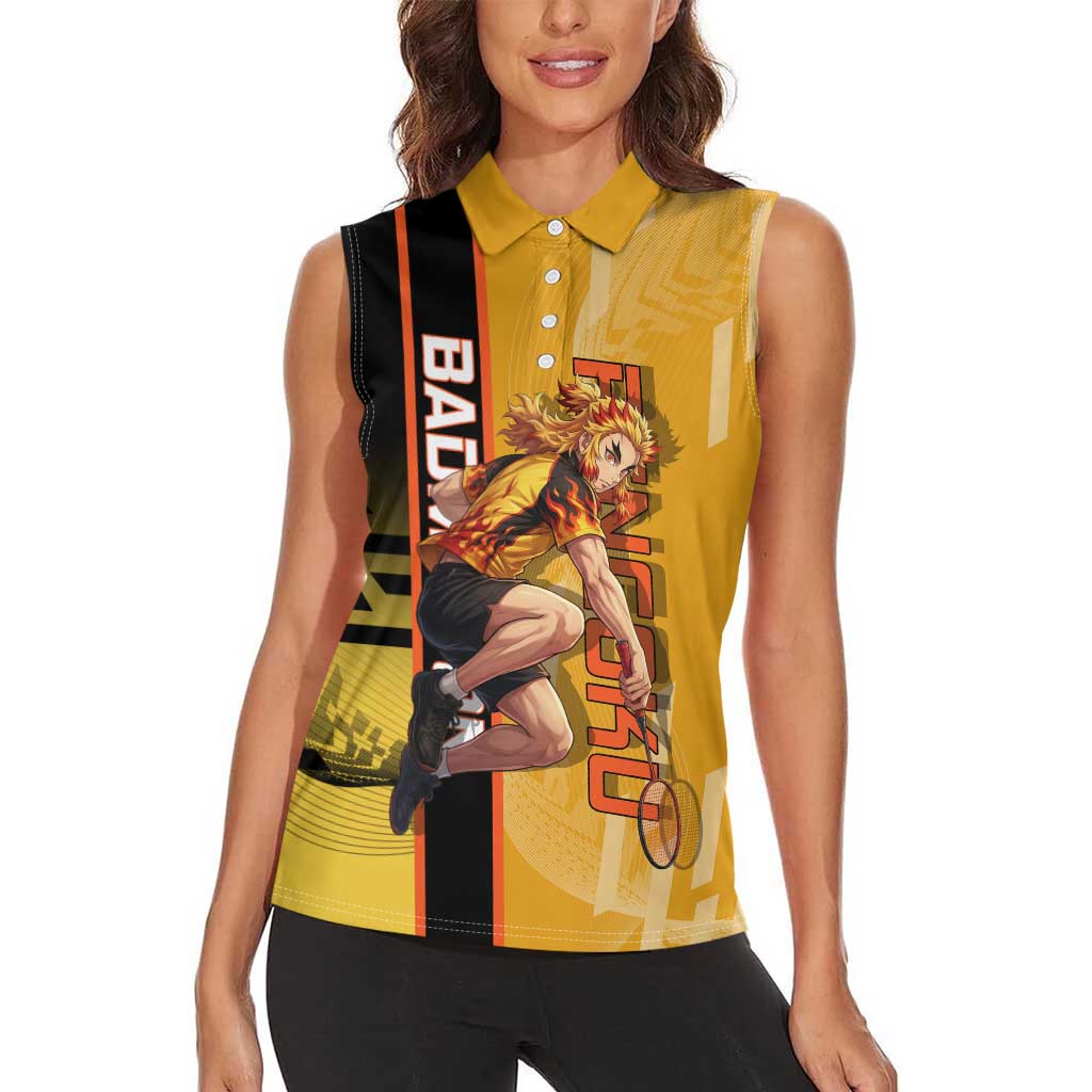 Personalized Rengoku Anime Badminton Theme Women Sleeveless Polo Shirt with Racket Action Pose and Fiery Yellow Black Graphic Design - The Mazicc