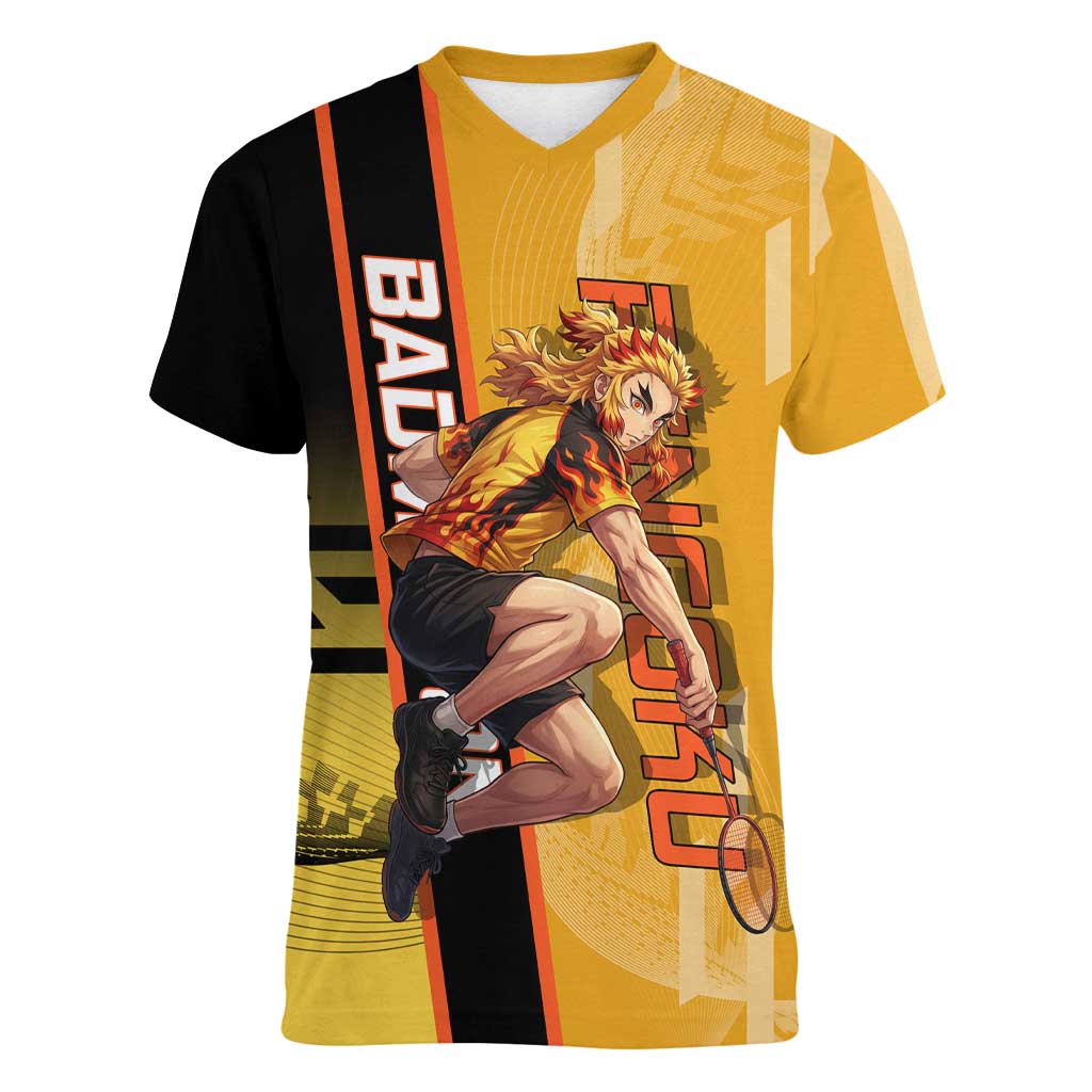 Personalized Rengoku Anime Badminton Theme Women V-Neck T-Shirt with Racket Action Pose and Fiery Yellow Black Graphic Design - The Mazicc
