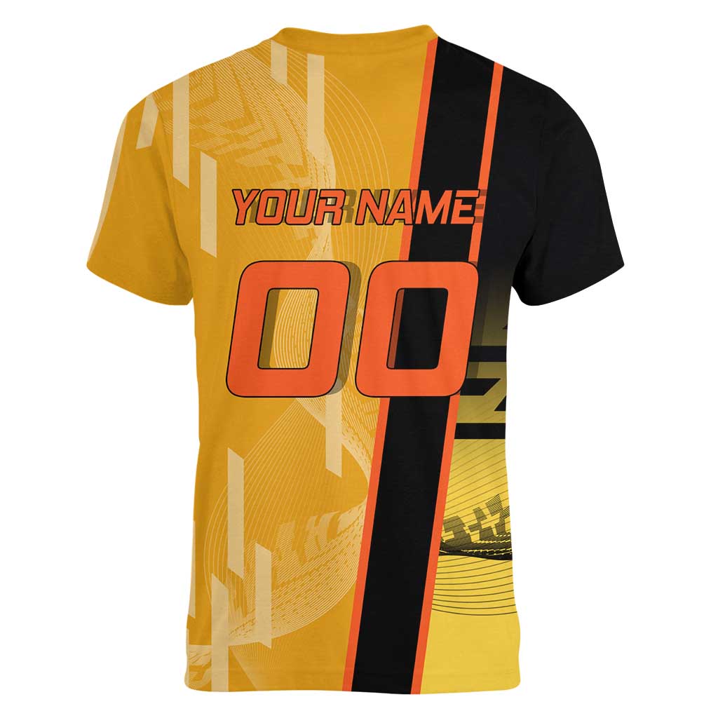 Personalized Rengoku Anime Badminton Theme Women V-Neck T-Shirt with Racket Action Pose and Fiery Yellow Black Graphic Design - The Mazicc