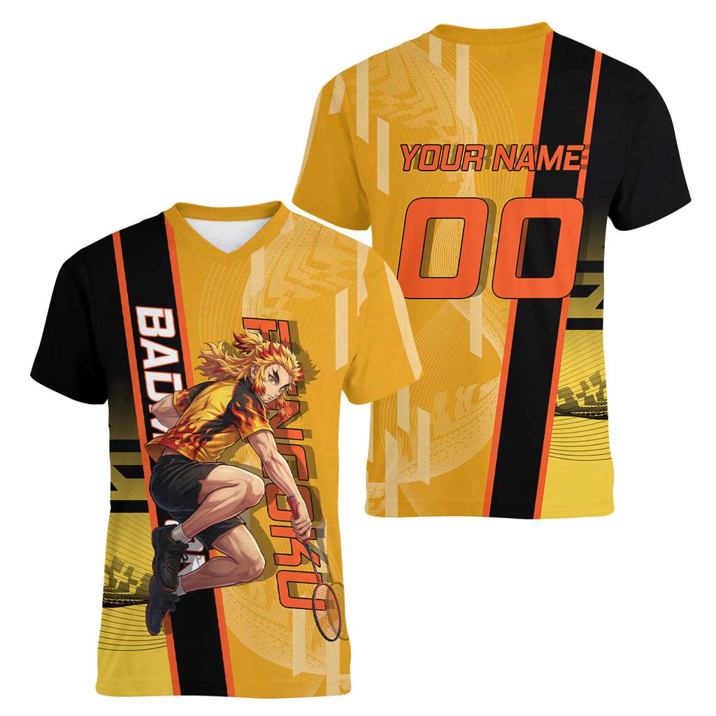 Personalized Rengoku Anime Badminton Theme Women V-Neck T-Shirt with Racket Action Pose and Fiery Yellow Black Graphic Design - The Mazicc