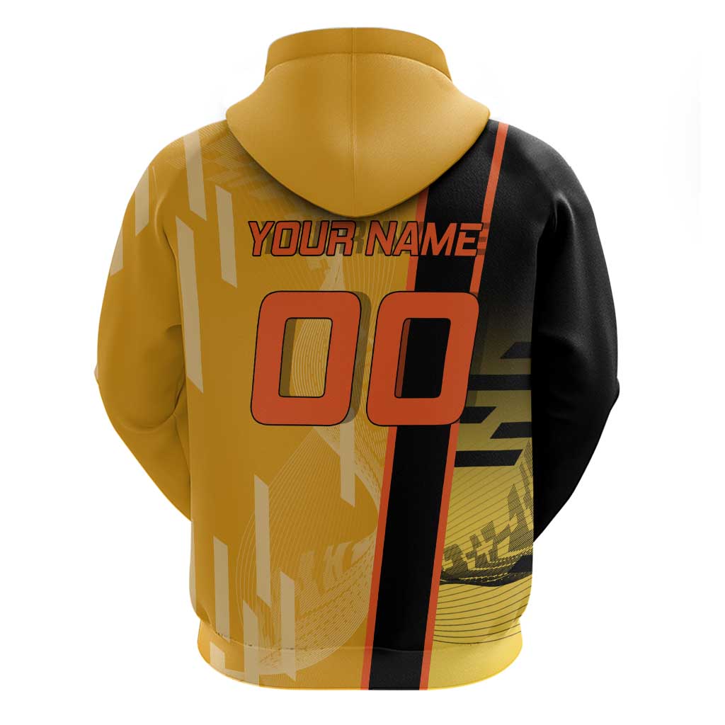 Personalized Rengoku Anime Badminton Theme Zip Hoodie with Racket Action Pose and Fiery Yellow Black Graphic Design - The Mazicc