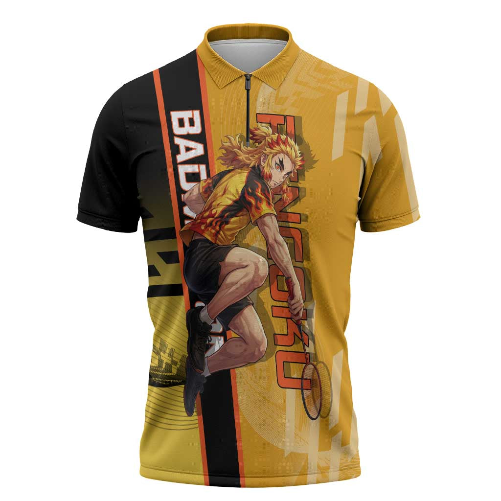 Personalized Rengoku Anime Badminton Theme Zipper Polo Shirt with Racket Action Pose and Fiery Yellow Black Graphic Design - The Mazicc