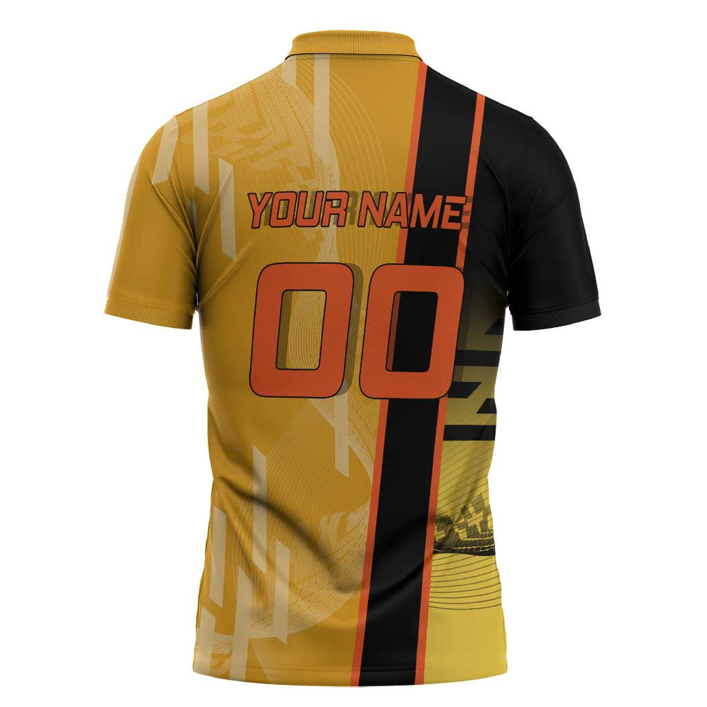 Personalized Rengoku Anime Badminton Theme Zipper Polo Shirt with Racket Action Pose and Fiery Yellow Black Graphic Design - The Mazicc