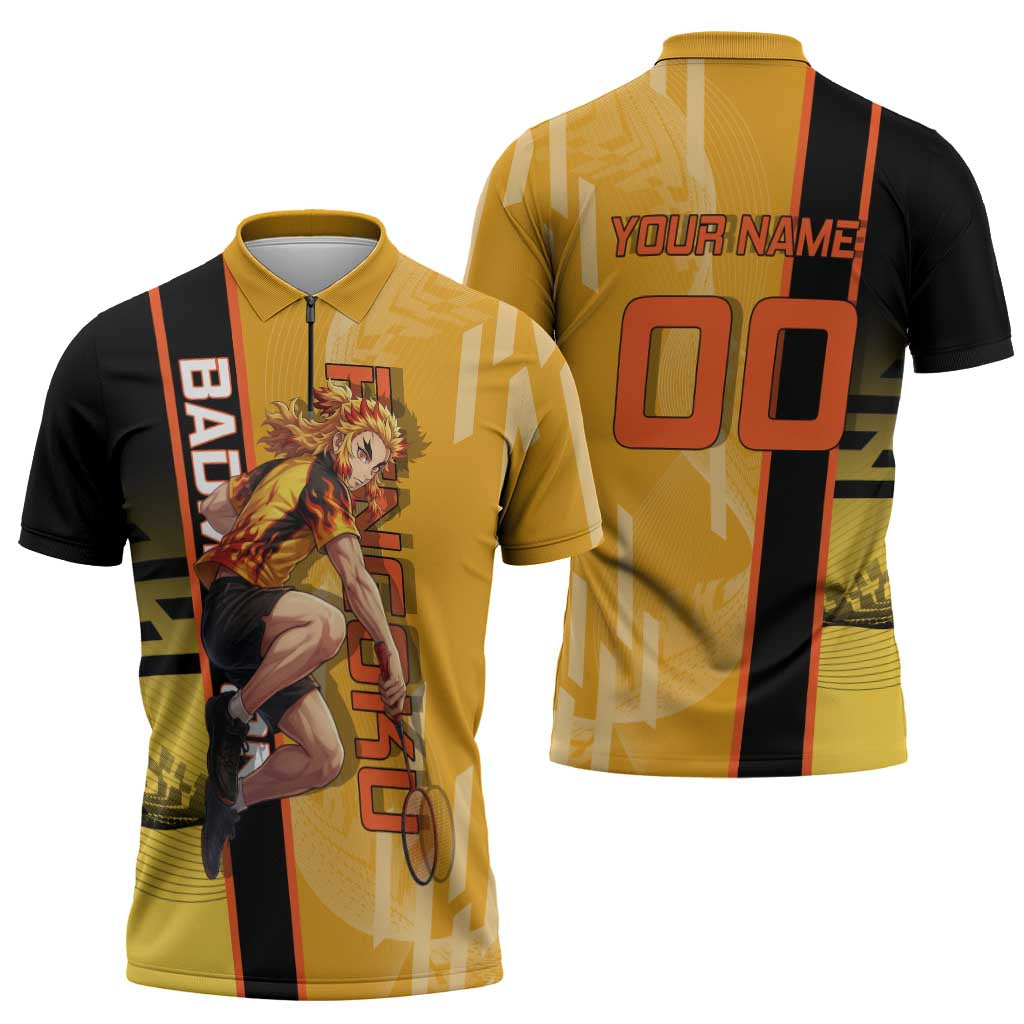 Personalized Rengoku Anime Badminton Theme Zipper Polo Shirt with Racket Action Pose and Fiery Yellow Black Graphic Design - The Mazicc