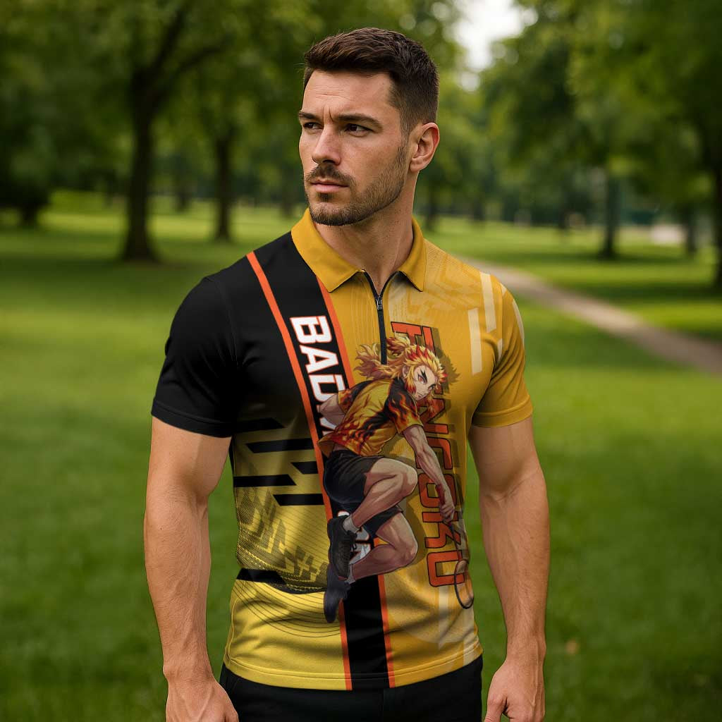 Personalized Rengoku Anime Badminton Theme Zipper Polo Shirt with Racket Action Pose and Fiery Yellow Black Graphic Design - The Mazicc