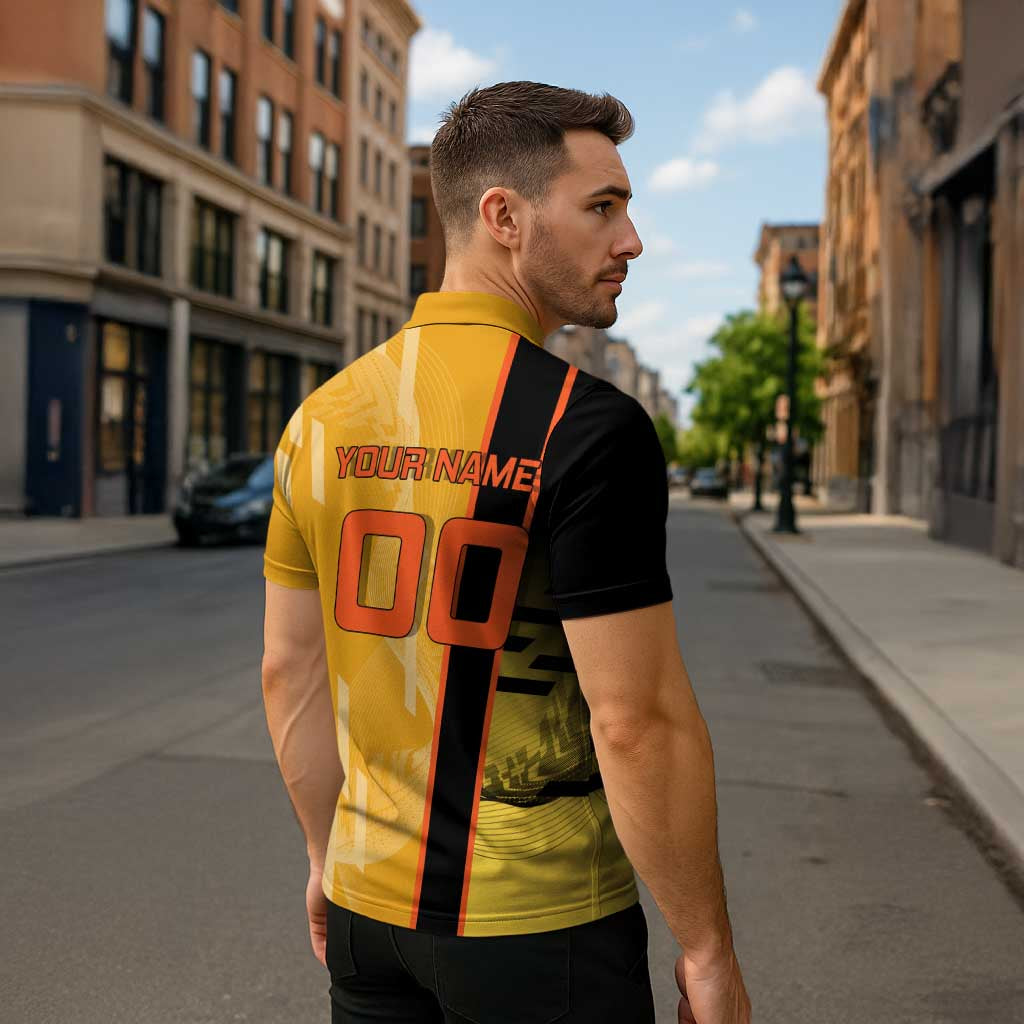 Personalized Rengoku Anime Badminton Theme Zipper Polo Shirt with Racket Action Pose and Fiery Yellow Black Graphic Design - The Mazicc