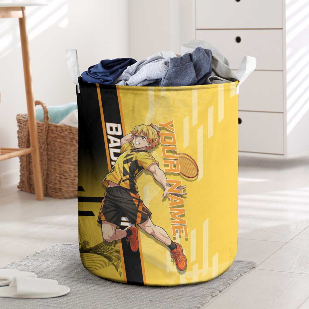 Personalized Zenitsu Agatsuki Demon Slayer Badminton Theme Laundry Basket with Racket Action Pose and Yellow Black Graphic Design - The Mazicc