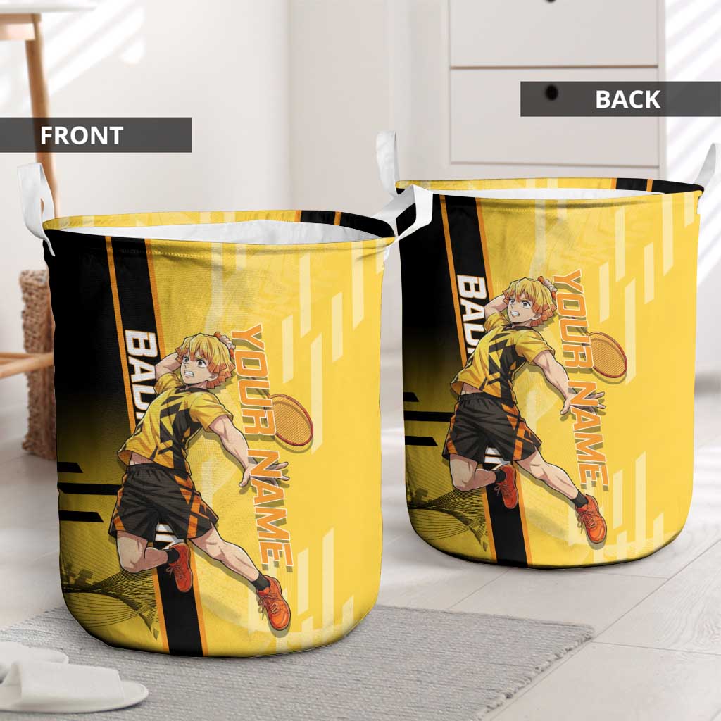 Personalized Zenitsu Agatsuki Demon Slayer Badminton Theme Laundry Basket with Racket Action Pose and Yellow Black Graphic Design - The Mazicc