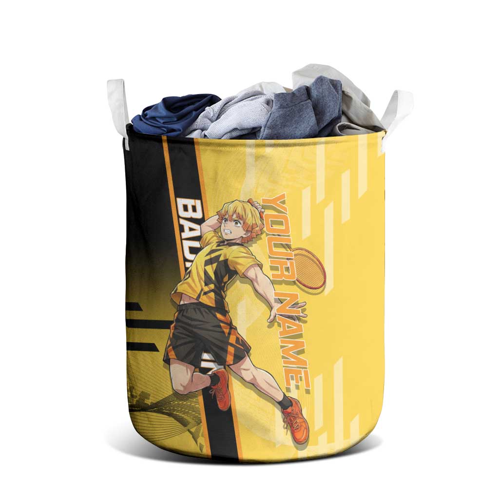 Personalized Zenitsu Agatsuki Demon Slayer Badminton Theme Laundry Basket with Racket Action Pose and Yellow Black Graphic Design - The Mazicc