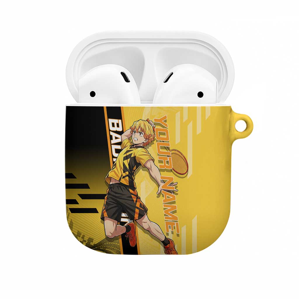 Personalized Zenitsu Agatsuki Demon Slayer Badminton Theme AirPods Case with Racket Action Pose and Yellow Black Graphic Design - The Mazicc