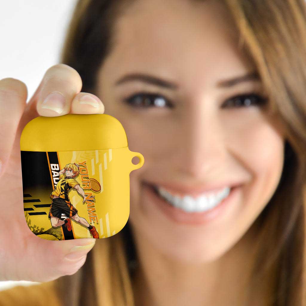 Personalized Zenitsu Agatsuki Demon Slayer Badminton Theme AirPods Case with Racket Action Pose and Yellow Black Graphic Design - The Mazicc