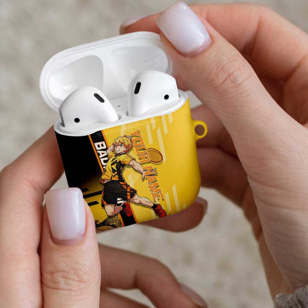 Personalized Zenitsu Agatsuki Demon Slayer Badminton Theme AirPods Case with Racket Action Pose and Yellow Black Graphic Design - The Mazicc