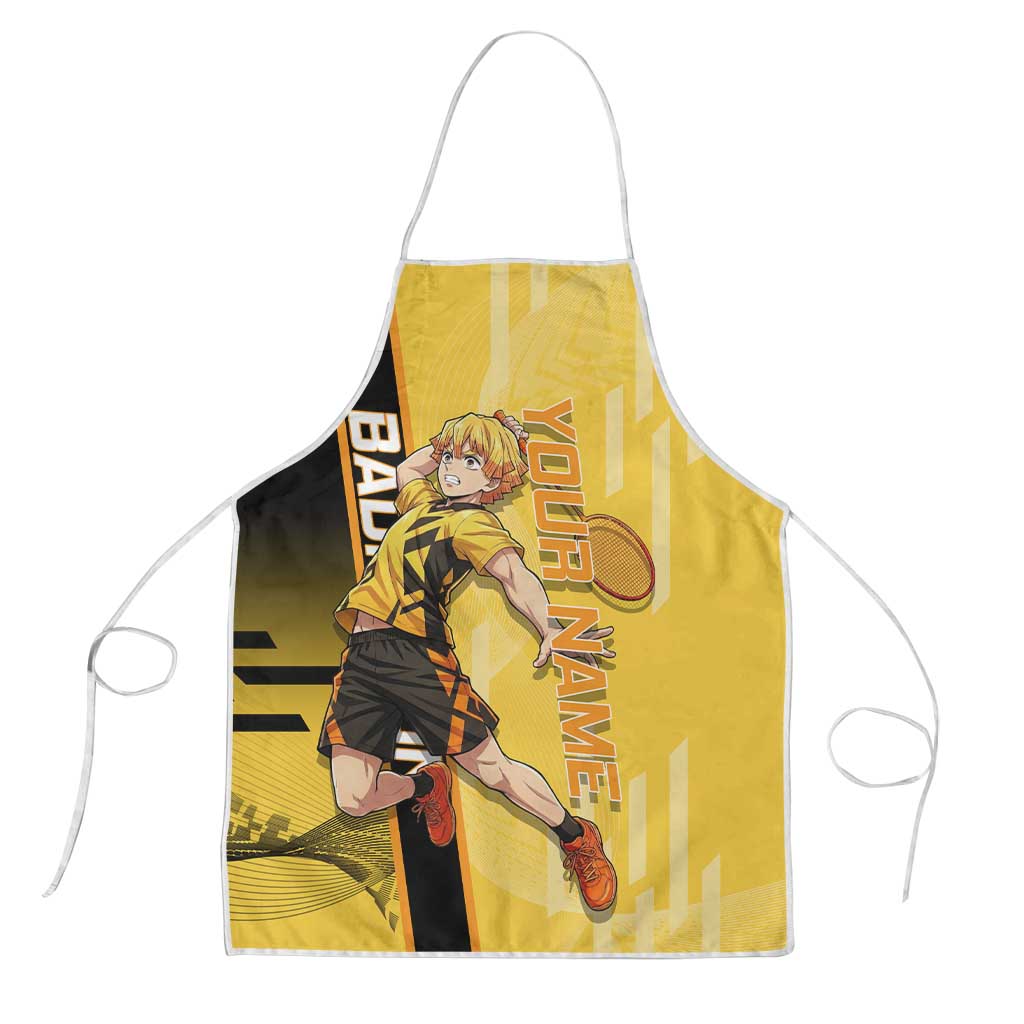 Personalized Zenitsu Agatsuki Demon Slayer Badminton Theme Apron with Racket Action Pose and Yellow Black Graphic Design - The Mazicc