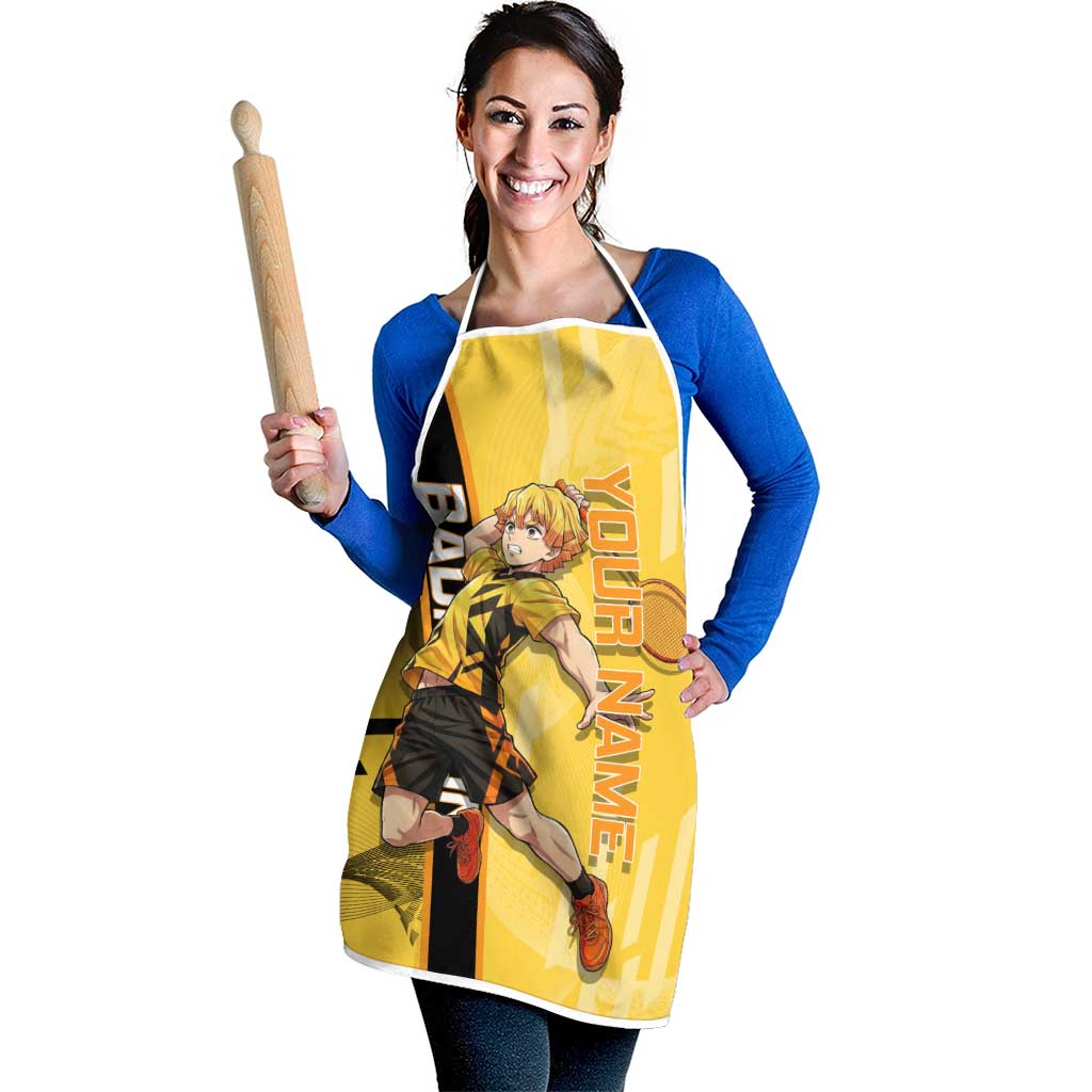 Personalized Zenitsu Agatsuki Demon Slayer Badminton Theme Apron with Racket Action Pose and Yellow Black Graphic Design - The Mazicc