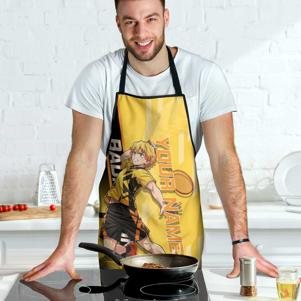 Personalized Zenitsu Agatsuki Demon Slayer Badminton Theme Apron with Racket Action Pose and Yellow Black Graphic Design - The Mazicc