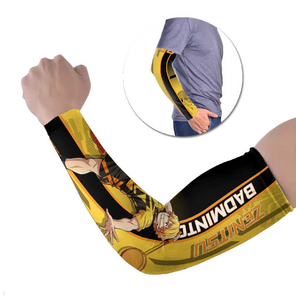 Personalized Zenitsu Agatsuki Demon Slayer Badminton Theme Arm Sleeves with Racket Action Pose and Yellow Black Graphic Design - The Mazicc