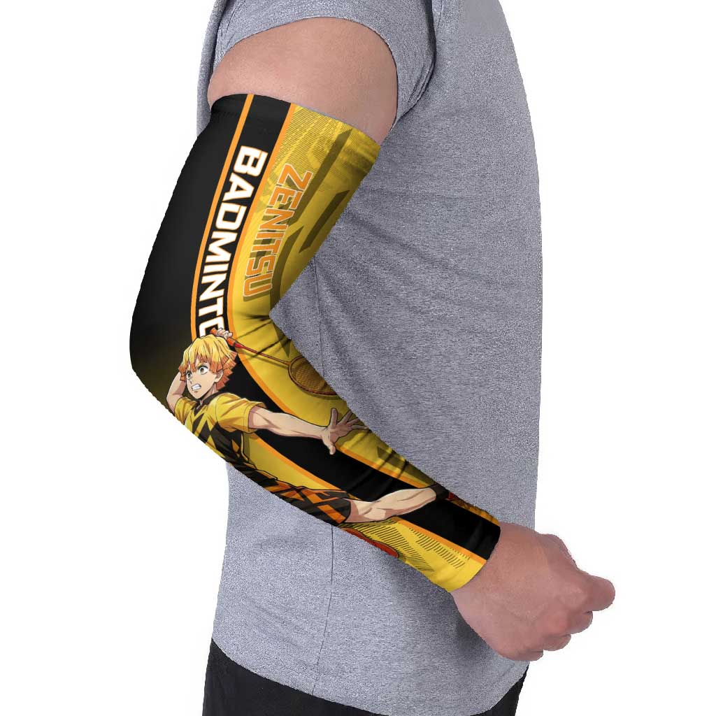 Personalized Zenitsu Agatsuki Demon Slayer Badminton Theme Arm Sleeves with Racket Action Pose and Yellow Black Graphic Design - The Mazicc