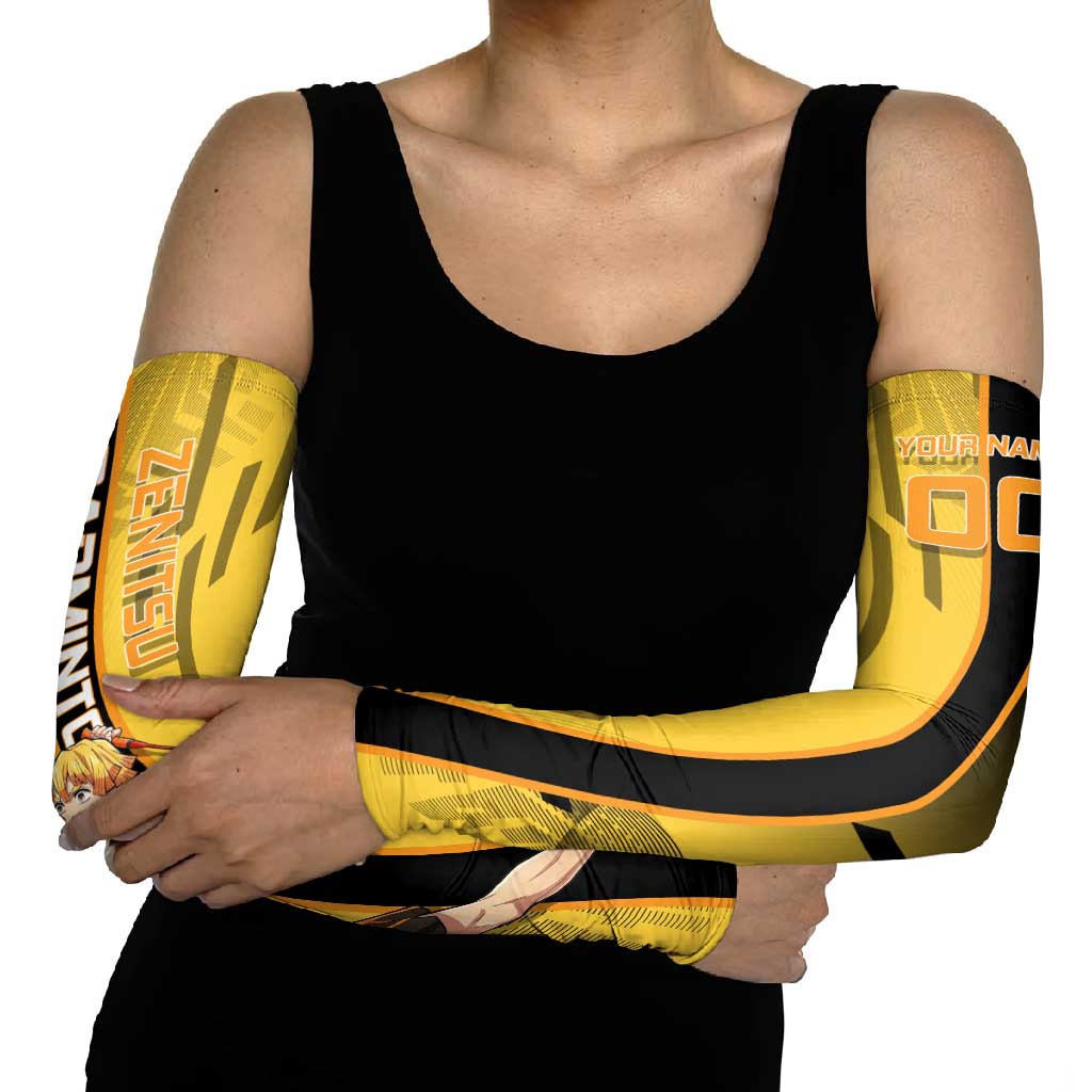 Personalized Zenitsu Agatsuki Demon Slayer Badminton Theme Arm Sleeves with Racket Action Pose and Yellow Black Graphic Design - The Mazicc