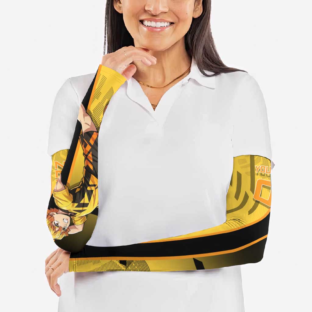 Personalized Zenitsu Agatsuki Demon Slayer Badminton Theme Arm Sleeves with Racket Action Pose and Yellow Black Graphic Design - The Mazicc