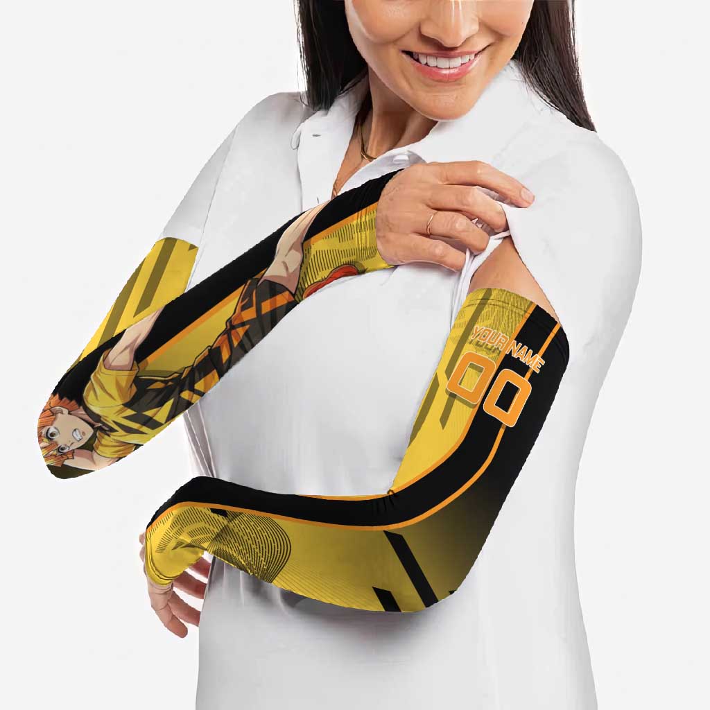 Personalized Zenitsu Agatsuki Demon Slayer Badminton Theme Arm Sleeves with Racket Action Pose and Yellow Black Graphic Design - The Mazicc