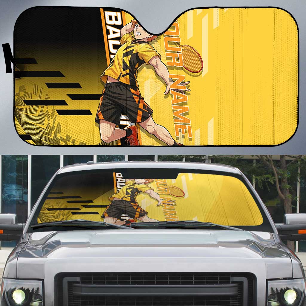 Personalized Zenitsu Agatsuki Demon Slayer Badminton Theme Auto Sun Shade with Racket Action Pose and Yellow Black Graphic Design - The Mazicc
