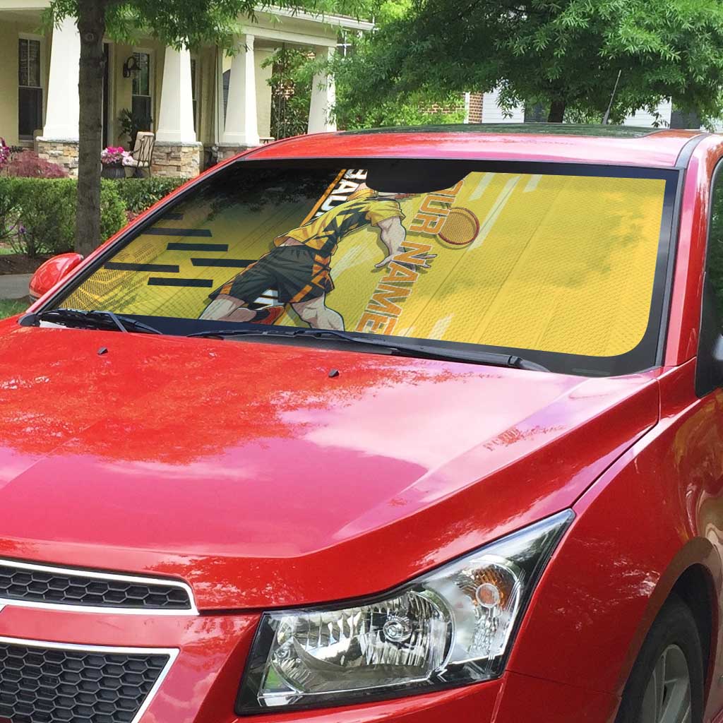 Personalized Zenitsu Agatsuki Demon Slayer Badminton Theme Auto Sun Shade with Racket Action Pose and Yellow Black Graphic Design - The Mazicc