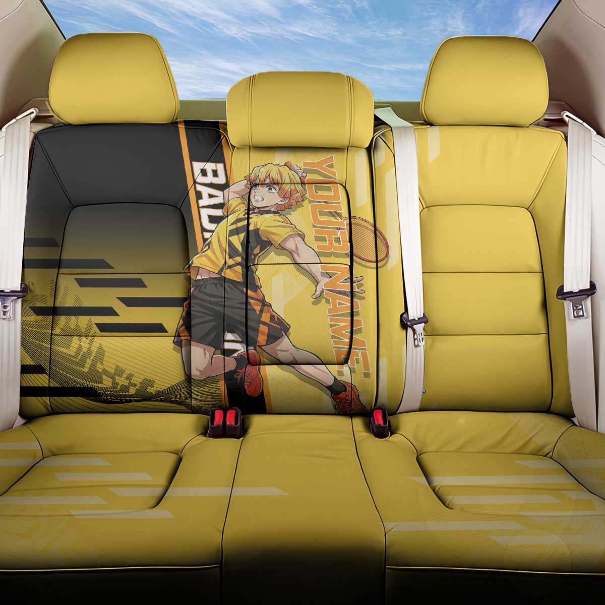 Personalized Zenitsu Agatsuki Demon Slayer Badminton Theme Back Car Seat Cover with Racket Action Pose and Yellow Black Graphic Design - The Mazicc