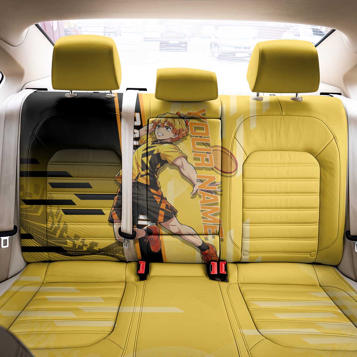 Personalized Zenitsu Agatsuki Demon Slayer Badminton Theme Back Car Seat Cover with Racket Action Pose and Yellow Black Graphic Design - The Mazicc