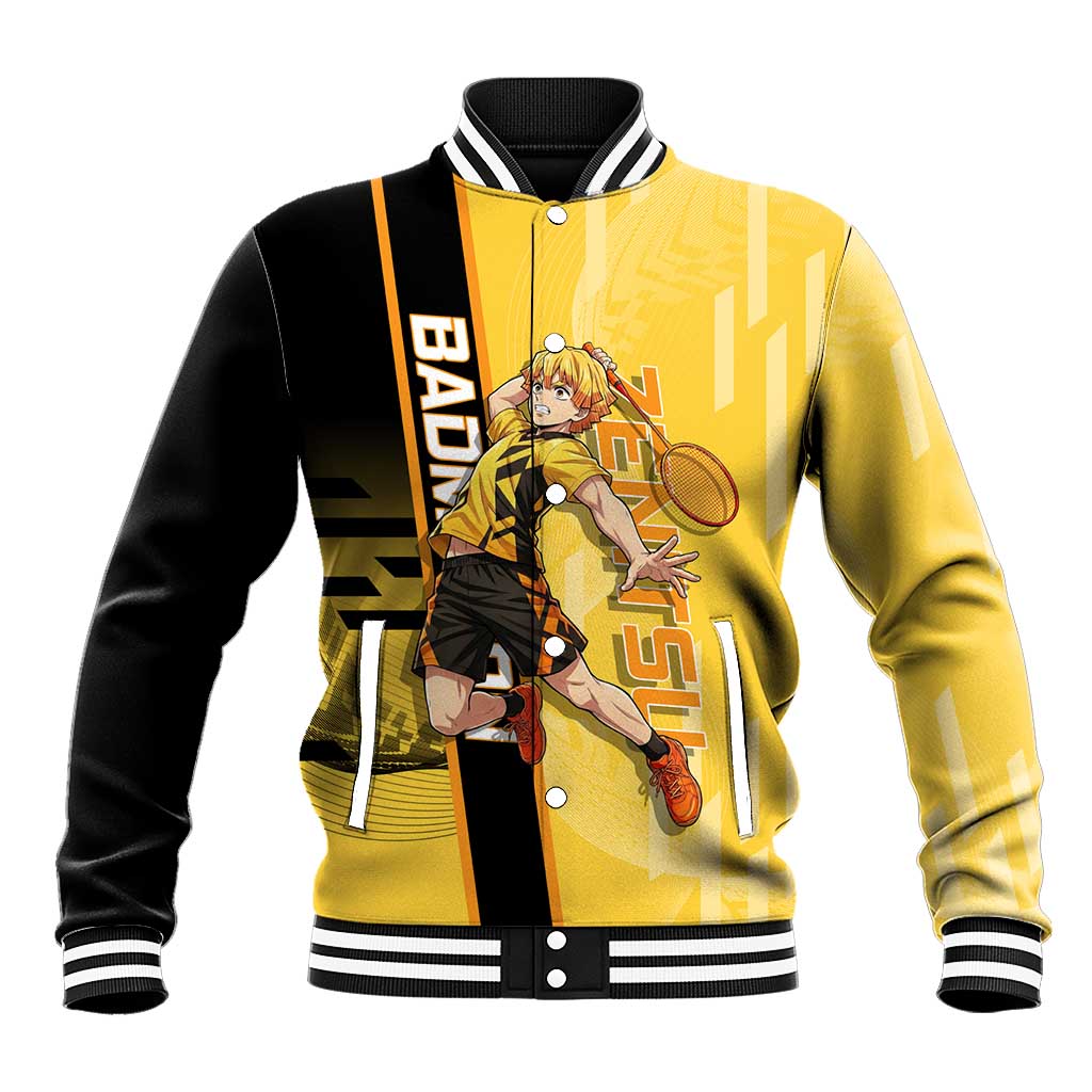 Personalized Zenitsu Agatsuki Demon Slayer Badminton Theme Baseball Jacket with Racket Action Pose and Yellow Black Graphic Design - The Mazicc