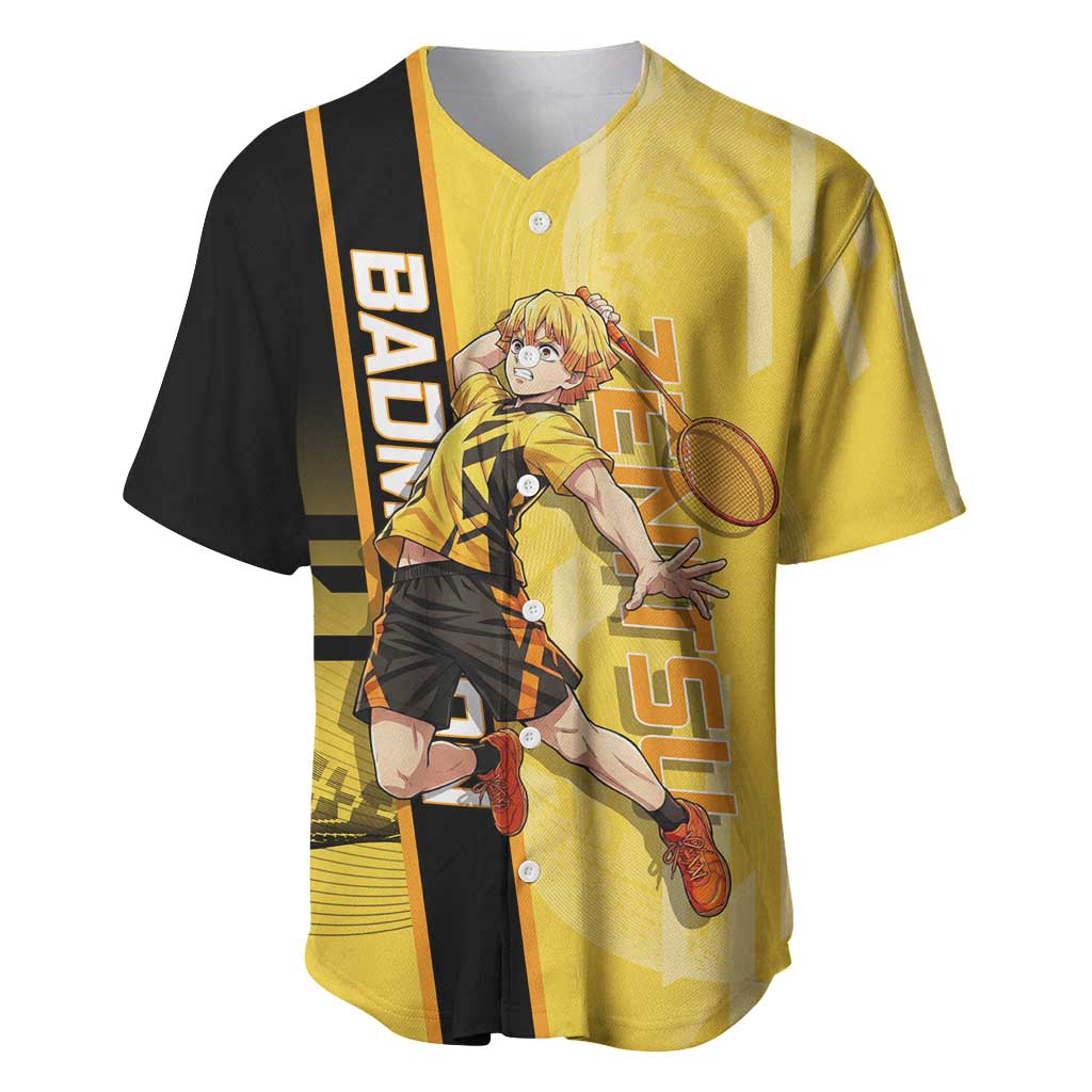 Personalized Zenitsu Agatsuki Demon Slayer Badminton Theme Baseball Jersey with Racket Action Pose and Yellow Black Graphic Design - The Mazicc