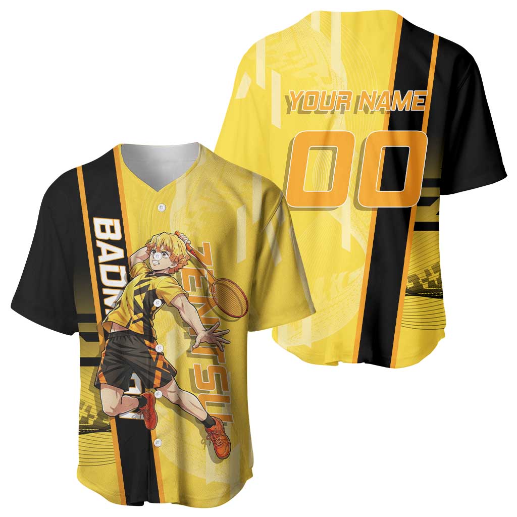 Personalized Zenitsu Agatsuki Demon Slayer Badminton Theme Baseball Jersey with Racket Action Pose and Yellow Black Graphic Design - The Mazicc