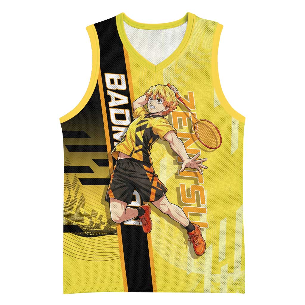 Personalized Zenitsu Agatsuki Demon Slayer Badminton Theme Basketball Jersey with Racket Action Pose and Yellow Black Graphic Design - The Mazicc