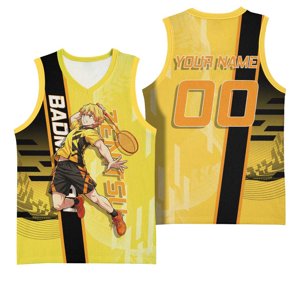 Personalized Zenitsu Agatsuki Demon Slayer Badminton Theme Basketball Jersey with Racket Action Pose and Yellow Black Graphic Design - The Mazicc