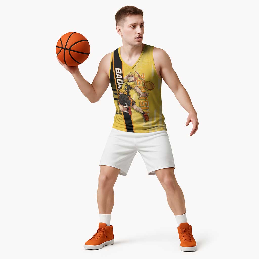 Personalized Zenitsu Agatsuki Demon Slayer Badminton Theme Basketball Jersey with Racket Action Pose and Yellow Black Graphic Design - The Mazicc