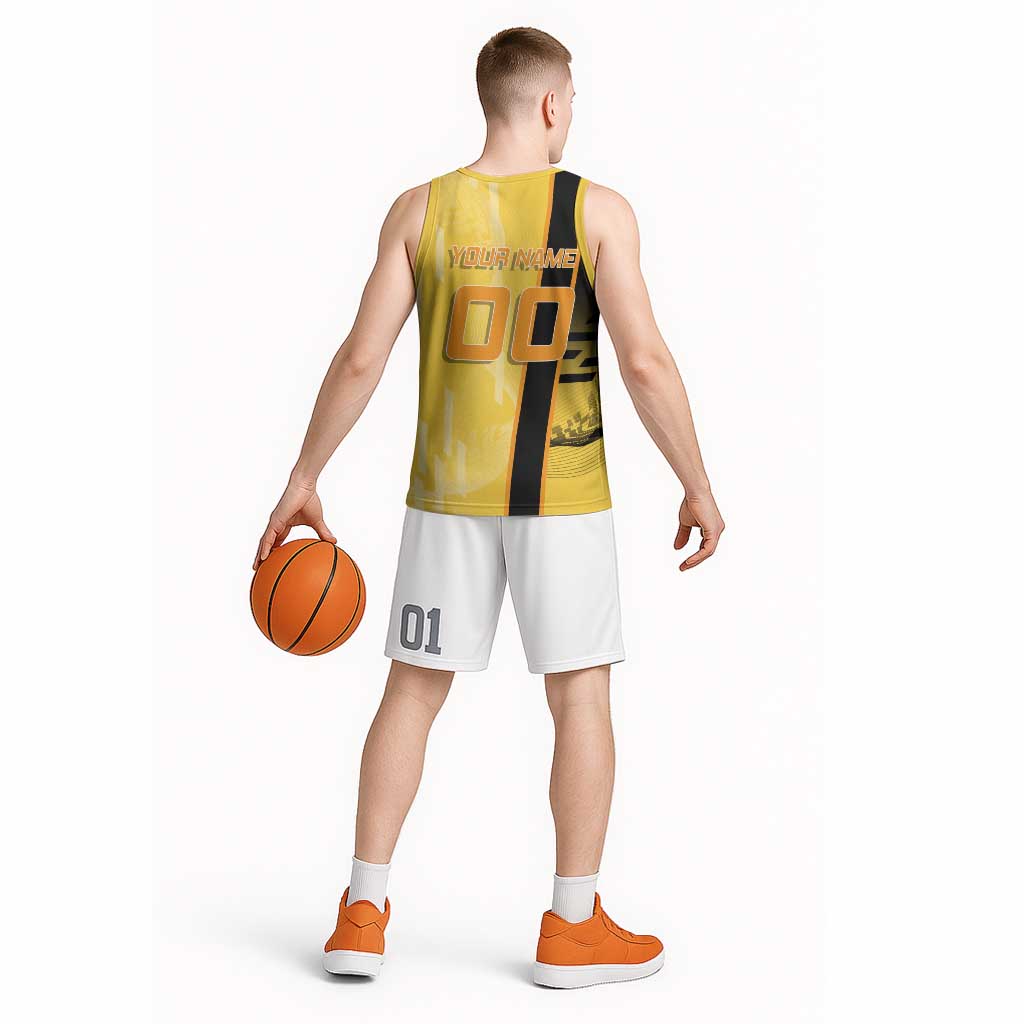 Personalized Zenitsu Agatsuki Demon Slayer Badminton Theme Basketball Jersey with Racket Action Pose and Yellow Black Graphic Design - The Mazicc