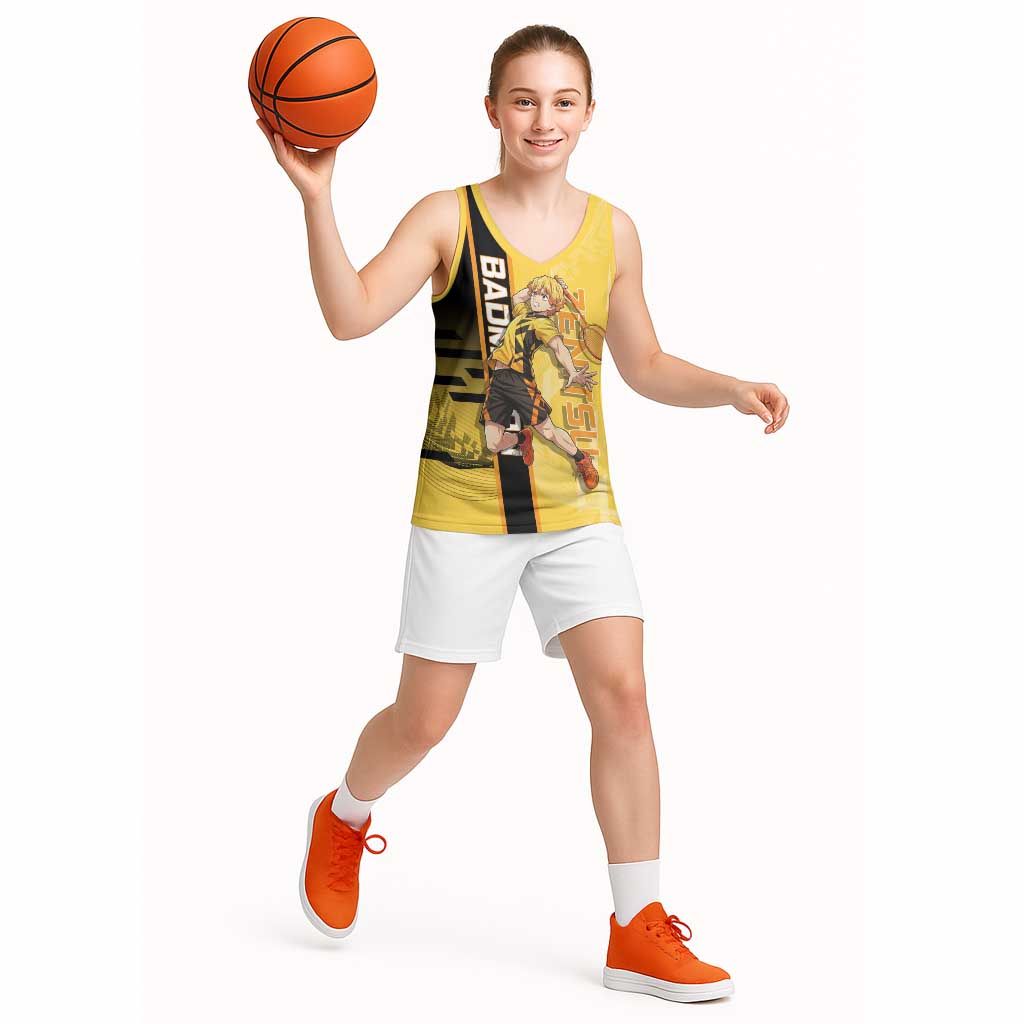 Personalized Zenitsu Agatsuki Demon Slayer Badminton Theme Basketball Jersey with Racket Action Pose and Yellow Black Graphic Design - The Mazicc