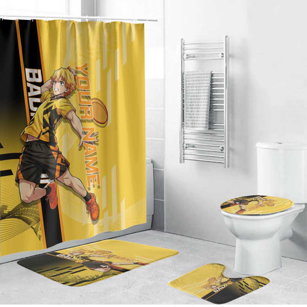 Personalized Zenitsu Agatsuki Demon Slayer Badminton Theme Bathroom Set with Racket Action Pose and Yellow Black Graphic Design - The Mazicc