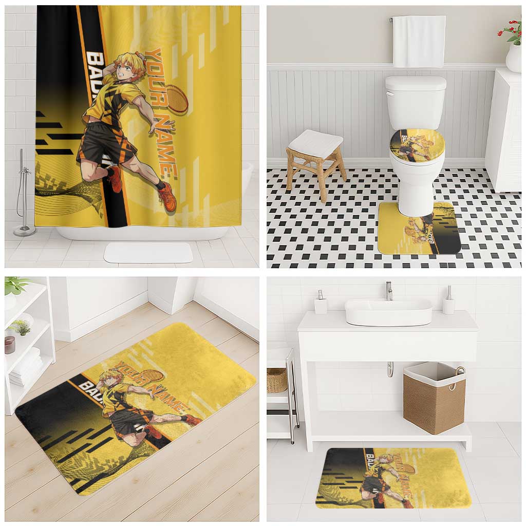 Personalized Zenitsu Agatsuki Demon Slayer Badminton Theme Bathroom Set with Racket Action Pose and Yellow Black Graphic Design - The Mazicc