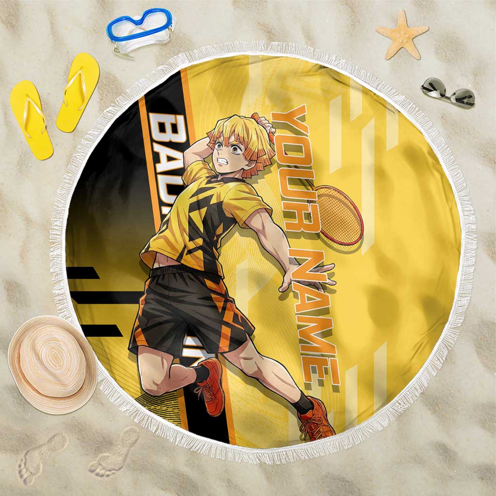 Personalized Zenitsu Agatsuki Demon Slayer Badminton Theme Beach Blanket with Racket Action Pose and Yellow Black Graphic Design - The Mazicc