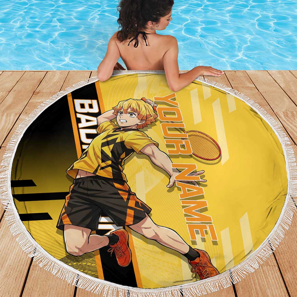 Personalized Zenitsu Agatsuki Demon Slayer Badminton Theme Beach Blanket with Racket Action Pose and Yellow Black Graphic Design - The Mazicc