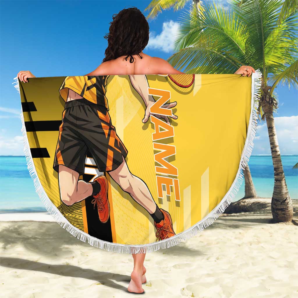 Personalized Zenitsu Agatsuki Demon Slayer Badminton Theme Beach Blanket with Racket Action Pose and Yellow Black Graphic Design - The Mazicc