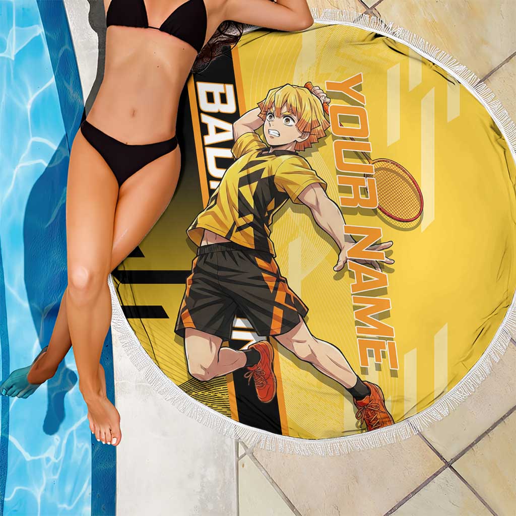 Personalized Zenitsu Agatsuki Demon Slayer Badminton Theme Beach Blanket with Racket Action Pose and Yellow Black Graphic Design - The Mazicc